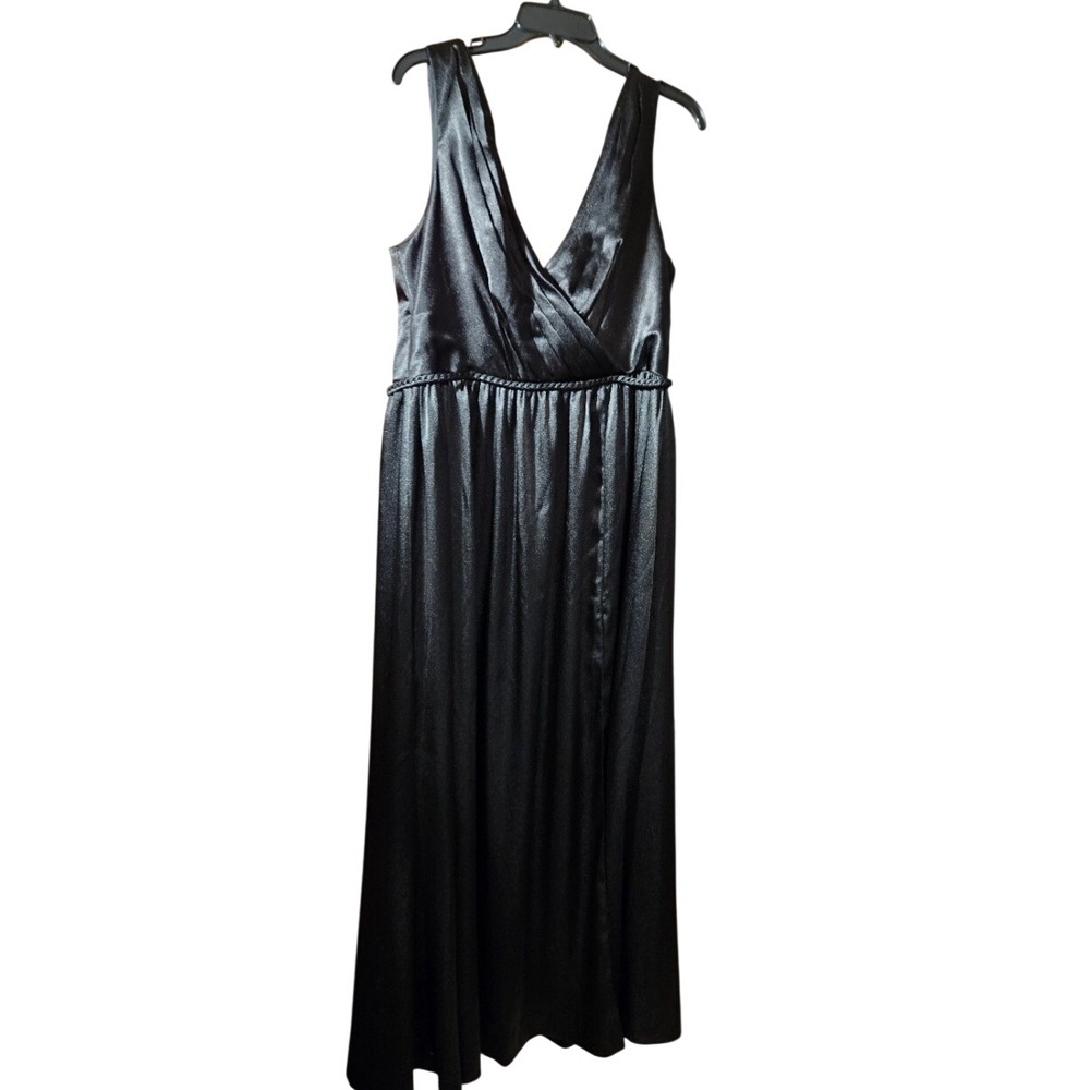 Azazie Black Satin V Neck Maxi Dress Formal Gown A14 Braided Waistband